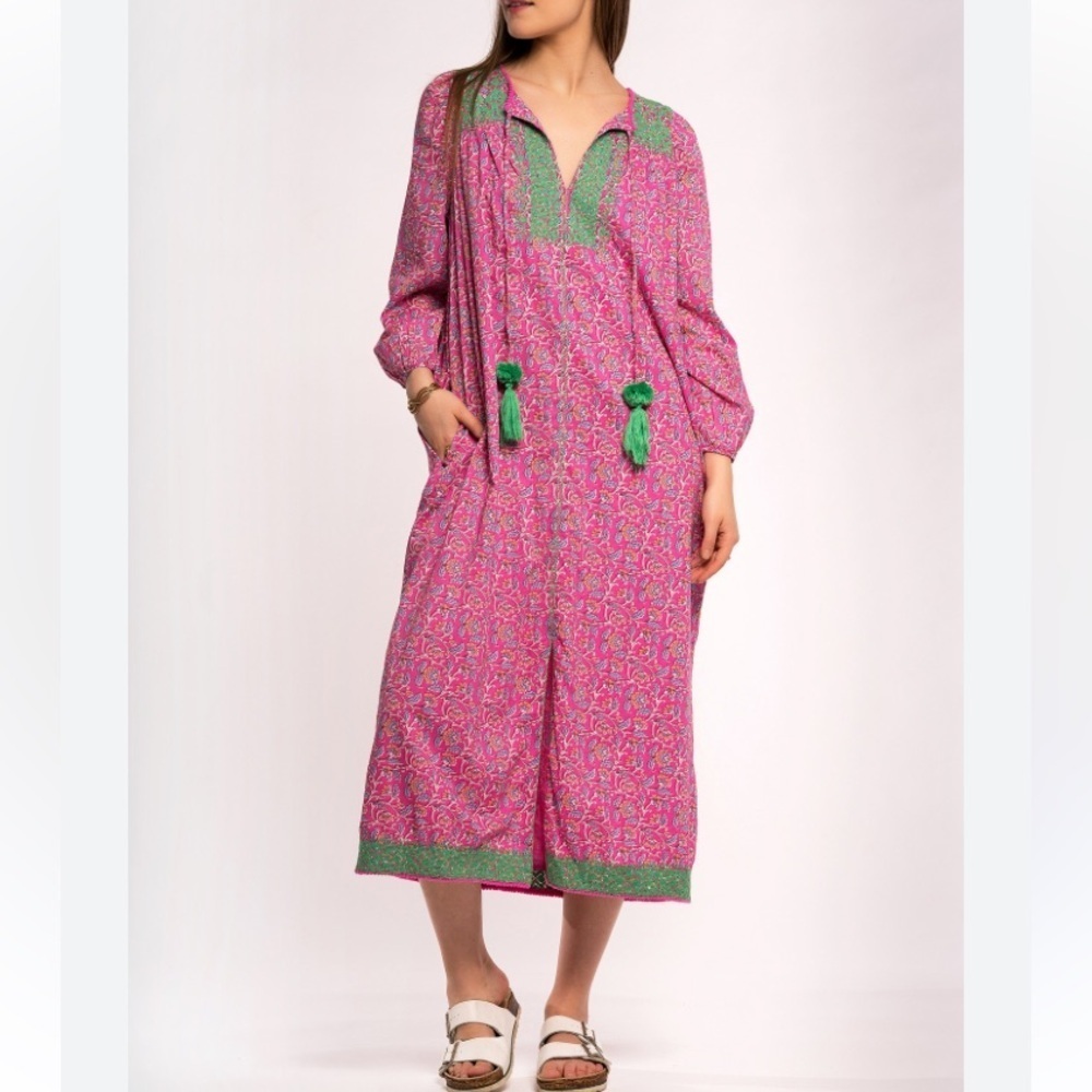 J Crew MEDIUM Tunic Midi Dress Pink Long Sleeve Embroidered Boho Tassels